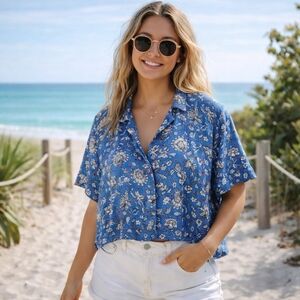 Buffalo Blue Floral Button-Up Top Boxy Fit Lightweight Boho Cottagecore Shirt